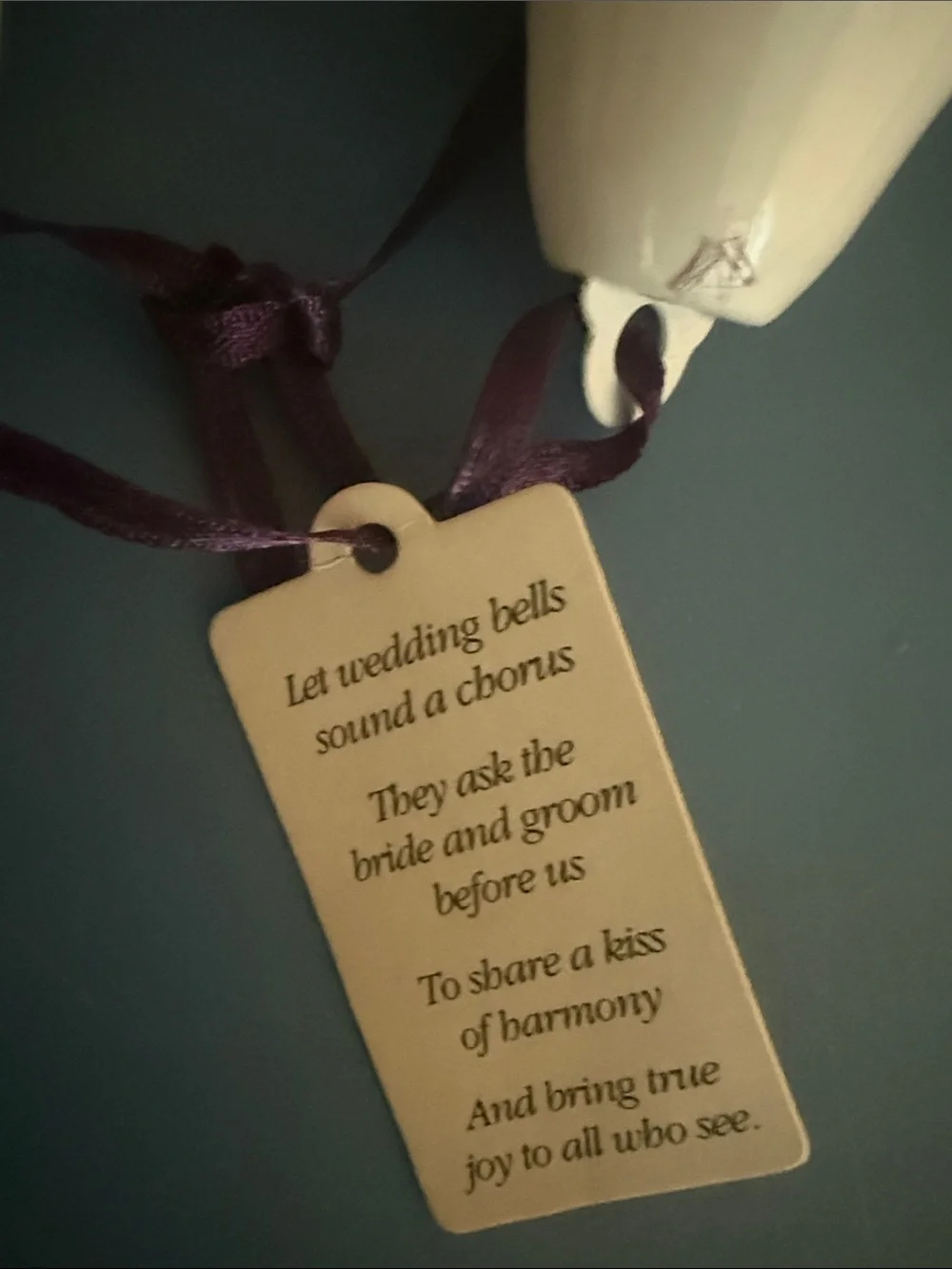 White Ceramic Bell Ornament with Purple Hanging Ribbon - Wedding